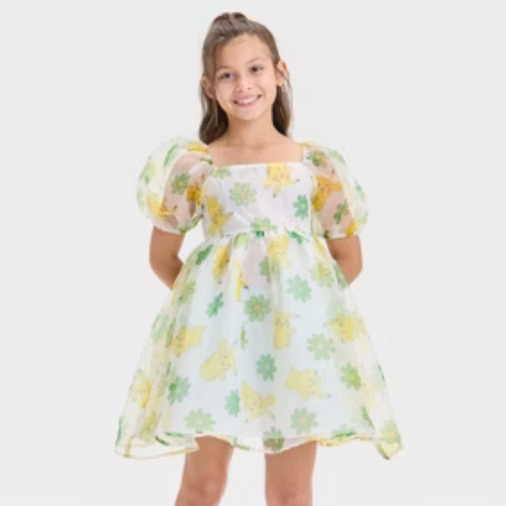 NWT Girls' Pikachu Organza Puff Sleeve Dress - Ivory (My25)